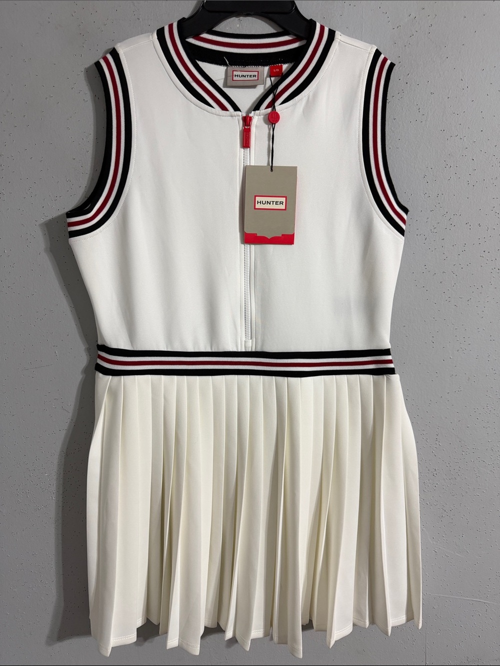 Hunter White Pleated Sleeveless Tennis Dress with Red and Black Trim